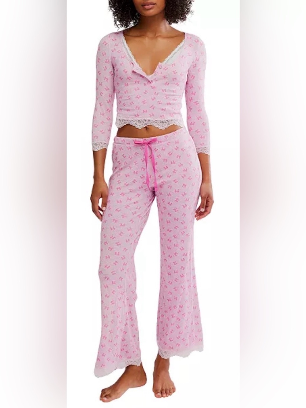 New Free People Stolen Dance Sleep Pajama Set Bow Pattern Size Large Lace Trim